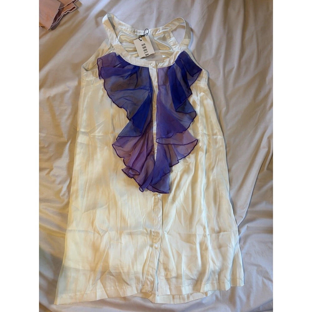 Shulami Medium White Sleeveless Dress Purple Ruffles Faircore Cottagecore NWT